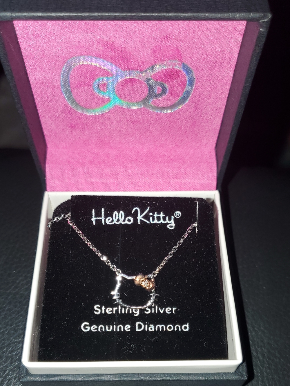 Hello Kitty Sterling Silver Pink Bow With Genuine Diamond Necklace New Gift Box